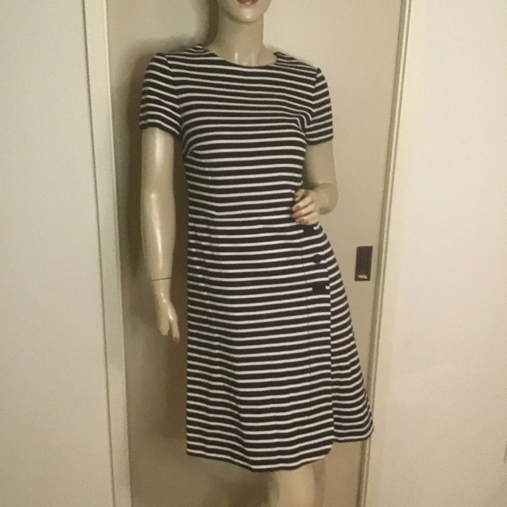 Tory‎ Burch Kamilla Navy White Striped Short Sleeve A-Line Dress Button Detail S